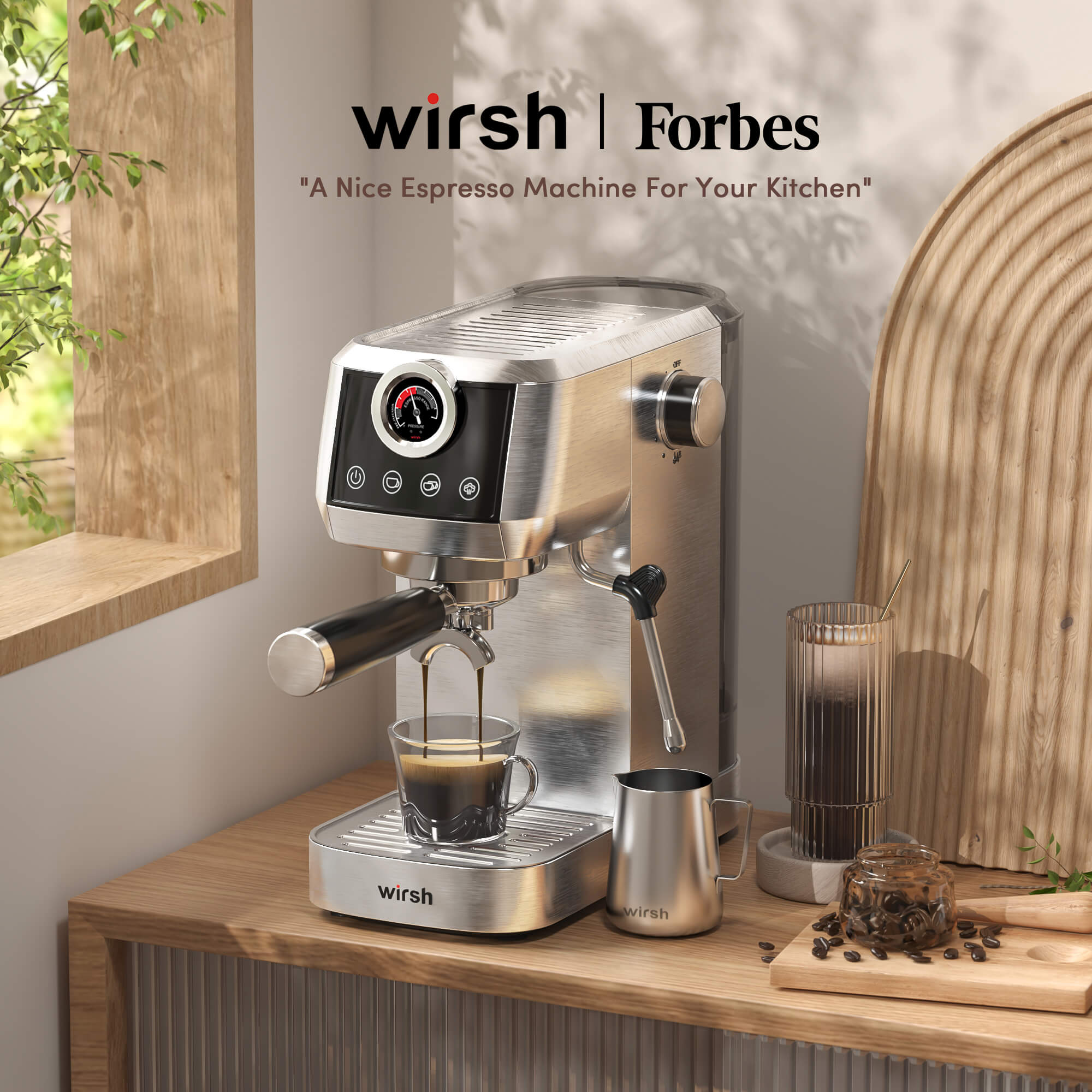 Wirsh 20 Bar Espresso Machine with Plastic Free Portafilter and Steamer, Pressure Gauge, Touch Screen, Full Stainless Steel (Home Barista Plus)